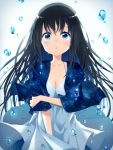  1girl bad_hands bangs black_hair blue_eyes blush breasts bubble cleavage collarbone commentary dress eyebrows eyebrows_visible_through_hair hair_between_eyes holding_clothes long_hair looking_up natsume3304 original parted_lips shawl shiny shiny_hair solo tears underwater white_background white_dress 