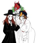  1boy 2girls beads book brown_eyes brown_hair chinese_clothes d.va_(overwatch) genji_(overwatch) glasses green_hair hair_bun hair_ornament hair_stick hat japanese_clothes jiangshi korean_clothes korean_traditional_hat long_hair looking_at_viewer m_mim mei_(overwatch) multiple_girls ofuda oni overwatch partially_colored simple_background smile white_background 
