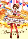  1girl ;d anklet ascot brown_eyes brown_hair brown_shoes butter cup food food_themed_clothes food_themed_hair_ornament fork french full_body gloves hair_ornament jewelry kiritani846 looking_at_viewer morinaga_(brand) one_eye_closed open_mouth original pancake personification red_legwear shoes short_hair smile solo stack_of_pancakes striped striped_legwear syrup tea teacup vertical-striped_legwear vertical_stripes white_gloves winged_shoes wings 