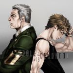  2boys age_comparison back-to-back brown_hair cable_(marvel) dual_persona from_side frown furayu_(flayu) grey_hair male_focus marvel military military_uniform multiple_boys muscle tank_top uniform upper_body x-men younger 