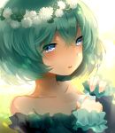  1girl :d bangs bare_shoulders black_dress blue_eyes bob_cut close-up collarbone commentary dress eyebrows eyebrows_visible_through_hair eyes_visible_through_hair flower_wreath frills green_hair hair_between_eyes open_mouth original short_hair sleeves_past_wrists smile solo teeth tlla 