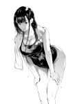  1girl bangs bent_over black_hair breasts cleavage commentary_request greyscale hands_on_own_thighs highres kurofudo large_breasts long_hair looking_at_viewer monochrome one-piece_swimsuit original solo standing swimsuit towel towel_around_neck wet white_background 