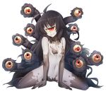  1girl antenna_hair bare_shoulders black_hair breasts cyclops extra_eyes full_body gazer_(monster_girl_encyclopedia) grey_skin grin head_tilt long_hair looking_at_viewer monster_girl monster_girl_encyclopedia navel one-eyed red_eyes sharp_teeth simple_background sitting slit_pupils small_breasts smile solo spread_legs tail teeth tentacle tilt-shift white_background yellow_sclera 