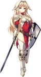  1girl armor armored_boots blonde_hair blue_eyes blush boots breastplate full_body gauntlets hair_ornament highres holding holding_weapon kawata_hisashi kusugawa_sasara long_hair looking_at_viewer pauldrons pelvic_curtain shield solo standing sword thigh-highs to_heart_2 to_heart_2_dungeon_travelers transparent_background weapon 