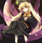  1girl barefoot blonde_hair crescent_moon dress hat junko_(touhou) long_hair moon piyodesu red_eyes smile tabard touhou wide_sleeves 