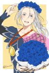  1boy 92_(artist) blue_eyes blue_rose bouquet flower head_wreath highres male_focus medal open_mouth ponytail rose silver_hair smile teenage viktor_nikiforov younger yuri!!!_on_ice 