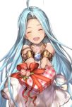  1girl :d ^_^ bare_shoulders blue_hair blush box closed_eyes dress granblue_fantasy heart-shaped_box holding incoming_gift jewelry long_hair lyria_(granblue_fantasy) minaba_hideo open_mouth outstretched_arms short_dress sleeveless sleeveless_dress smile solo valentine white_background 