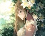  1girl bangs blonde_hair bubble commentary dress eyebrows eyebrows_visible_through_hair flower frilled_dress frills from_side green_eyes highres light_smile long_hair mole mole_under_eye original plant solo tlla white_dress white_flower 