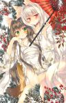  2girls animal_ears arm_around_neck bell berries blush brown_hair collarbone eyebrows eyebrows_visible_through_hair eyes_visible_through_hair fox_ears fox_tail green_eyes hair_between_eyes hair_intakes hand_on_another&#039;s_shoulder highres japanese_clothes jingle_bell kimono long_hair looking_at_viewer multiple_girls oriental_umbrella original parted_lips plant red_eyes saichuu silver_hair snow tail umbrella very_long_hair 
