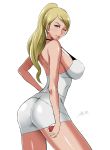  1girl ;) ass bare_arms bare_shoulders beauty_(pokemon) blonde_hair breasts cowboy_shot dress erect_nipples from_side halterneck high_ponytail large_breasts long_hair looking_at_viewer looking_to_the_side npc_trainer one_eye_closed original poke_ball pokemon pokemon_(game) pokemon_sm shibusun short_dress sideboob skin_tight smile solo thick_thighs thighs white_dress yellow_eyes 