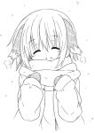  1girl :d ^_^ animal_ears breath closed_eyes dog_ears kasodani_kyouko kazawa_(tonzura-d) long_sleeves mittens monochrome open_mouth scarf short_hair smile snowing touhou 