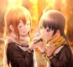  2girls autumn bangs biting black_hair black_serafuku blunt_bangs blurry blush brown_eyes brown_hair closed_eyes depth_of_field eyelashes feeding food fringe happy highres holding holding_food kunikida_hanamaru long_hair long_sleeves love_live! love_live!_sunshine!! multiple_girls neckerchief open_mouth outdoors papi_(papiron100) red_eyes scarf school_uniform serafuku side_bun smile steam sweet_potato tsushima_yoshiko upper_body white_scarf yellow_scarf 