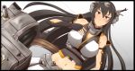  1girl bare_shoulders black_border black_gloves black_hair border breasts cannon cleavage dutch_angle elbow_gloves eyebrows eyebrows_visible_through_hair fingerless_gloves gloves gradient gradient_background groin gudon_(iukhzl) hair_between_eyes headgear highres kantai_collection large_breasts long_hair looking_at_viewer machinery nagato_(kantai_collection) navel pleated_skirt red_eyes skirt smile solo turret white_background white_skirt 