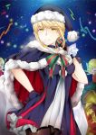  &gt;_&lt; 1girl :d blonde_hair breasts cape choker christmas_lights closed_eyes fate/grand_order fate_(series) fur-trimmed_cape gift gloves hand_on_hip hands_on_hip hat highres jingzhongyin open_mouth saber saber_alter sack santa_alter santa_hat smile solo xd yellow_eyes 