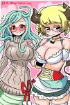  2girls bell blonde_hair blush breasts cleavage cow_bell cow_girl cow_horns cow_tail cowboy_shot crossed_arms drill_hair flying_sweatdrops glasses gorgon green_eyes green_hair horn_ring horns lamia large_breasts media_(monster_musume) minotaur monster_girl monster_musume_no_iru_nichijou monster_musume_no_iru_nichijou_online multiple_girls scales shake-o shiny shiny_skin short_hair sketch snake_hair sweater tail tolepas_(monster_musume) twitter_username 