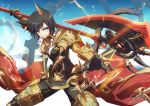  1girl 2016 animal_ears armor artist_name axe black_hair blue_eyes character_request dark.h dated electricity final_fantasy final_fantasy_xiv gauntlets miqo&#039;te open_mouth solo standing tail weapon 