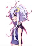  1girl blue_eyes from_side hair_ornament kantai_collection midriff open_mouth purple_hair shirt short_hair sleeveless sleeveless_shirt smile solo upper_body yayoi_(kantai_collection) 