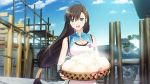  1girl :d absurdres baozi black_gloves blade_arcus_from_shining blue_eyes blue_sky brown_hair day fingerless_gloves food gloves hair_ornament hairclip highres long_hair looking_at_viewer low-tied_long_hair open_mouth outdoors pairon shining_(series) sky smile solo tanaka_takayuki tree very_long_hair wall 