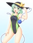 1girl :d alternate_costume armpits bangs bare_back bare_shoulders black_hat blush bow breasts collarbone competition_swimsuit covered_navel cowboy_shot eyeball eyebrows eyebrows_visible_through_hair gluteal_fold gomi_(gomitin) green_eyes green_hair hat hat_bow heart heart_of_string komeiji_koishi looking_at_viewer one-piece_swimsuit open_mouth short_hair sideboob small_breasts smile solo swimsuit third_eye touhou yellow_bow 