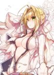  1girl blonde_hair bodysuit breasts cleavage fate/extra fate/extra_ccc fate_(series) flower gloves green_eyes mom_29_mom open_clothes saber_bride saber_extra solo twitter_username white_gloves zipper 