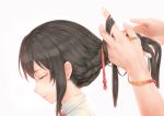  1girl bangs black_hair braid braiding_hair closed_eyes collared_shirt from_side hair_ribbon hairdressing highres holding_another&#039;s_hair kimi_no_na_wa miyamizu_mitsuha out_of_frame portrait profile ribbon shirt simple_background smile solo_focus white_background white_shirt yomena 