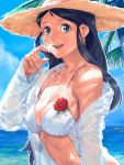  1girl bikini black_hair blue_eyes earrings giant_robo ginrei_(giant_robo) hamu_fukurou hat jewelry long_hair necklace open_clothes open_shirt shirt sun_hat swimsuit water 