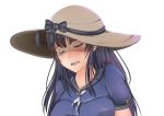  1girl ahegao black_hair blue_dress blush brown_eyes commentary dress hat iowa_(pacific) jay87k kantai_collection mole open_mouth out-of-frame_censoring pacific puffy_short_sleeves puffy_sleeves sailor_dress shaded_face short_sleeves sun_hat 