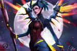  1girl absurdres alternate_costume black_hair bodysuit breasts copyright_name cowboy_shot dark_persona demon_horns demon_tail devil_mercy ears facial_mark forehead_mark full_moon glowing glowing_wings highres holding holding_staff horns jessica_ong lips logo looking_at_viewer mechanical_wings mercy_(overwatch) moon night night_sky nose orange_wings outdoors overwatch ponytail sky small_breasts solo spread_wings staff tail violet_eyes wallpaper wings 