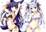  2girls absurdres animal_ears armpits arms_behind_head bikini black_bikini blue_eyes blush breasts cleavage collarbone crease erun_(granblue_fantasy) fang fox_ears fox_tail from_side granblue_fantasy highres large_breasts lavender_eyes long_hair multiple_girls navel open_mouth pose purple_bikini purple_hair red_eyes scan silver_hair smile socie_(granblue_fantasy) sparkle sparkle_background swimsuit tail tateha_(marvelous_grace) under_boob very_long_hair white_hair yuel_(granblue_fantasy) 