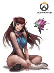  1girl 2016 adapted_costume bangs boots breasts brown_eyes brown_hair bunny_print copyright_name d.va_(overwatch) dated emblem facepaint facial_mark full_body gloves grin head_tilt headphones highres indian_style kim_eul_bong legs_crossed leotard lips long_hair looking_at_viewer mecha medium_breasts meka_(overwatch) nose overwatch pink_lips ribbed_bodysuit shoulder_pads simple_background sitting skin_tight smile solo swept_bangs v_arms whisker_markings white_background white_boots white_gloves 