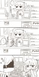  ... 2girls 3koma anger_vein comic convenience_store covering_mouth employee_uniform hair_ribbon highres inishie jitome kaga_(kantai_collection) kantai_collection laughing lawson monochrome multiple_girls name_tag open_mouth ribbon shop side_ponytail spoken_ellipsis sweatdrop translated trembling twintails uniform wavy_mouth zuikaku_(kantai_collection) 