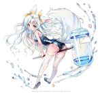  1girl animal_ears ass blue_swimsuit eating food full_body holding long_hair mallet million_arthur_(series) one-piece_swimsuit popsicle red_eyes school_swimsuit seashell shell solo starfish swimsuit tail thigh-highs water wet white_background white_legwear 