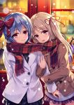  2girls alternate_costume arm_hug bat_wings blonde_hair blush coat commentary_request contemporary cross cross_necklace crystal flandre_scarlet hair_ribbon hat hat_ribbon jewelry lavender_hair long_hair multiple_girls necklace open_mouth oukatihiro outdoors plaid plaid_scarf red_eyes remilia_scarlet ribbon scarf shared_scarf short_hair siblings side_ponytail sisters skirt smile snow snowing touhou wings winter winter_clothes 
