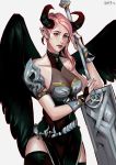  1girl asymmetrical_clothes bare_shoulders belt breasts collarbone horns lips lipstick looking_at_viewer makeup pink_hair pointy_ears red_eyes see-through shadowjwu side_slit solo spaulders sword thigh-highs vambraces weapon wings 