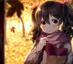  1girl autumn_leaves bag black_hair blush earrings food hair_ornament hair_ribbon hairclip jewelry lipstick long_sleeves looking_at_viewer love_live! love_live!_school_idol_project makeup paper_bag red_eyes ribbon scarf solo sweet_potato twintails vsi0v wavy_hair yazawa_nico 