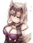  1girl :t animal_ears armor bangs blonde_hair blush breasts cangmi chains closed_mouth detached_sleeves eyebrows eyebrows_visible_through_hair fate/grand_order fate_(series) from_above fur_trim headpiece heart jeanne_alter kemonomimi_mode looking_at_viewer medium_breasts pout ruler_(fate/apocrypha) short_hair silver_hair simple_background solo tail upper_body white_background yellow_eyes 