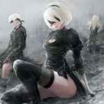  1boy 2girls back bare_shoulders belt_buckle black_clothes black_legwear blindfold boots breasts buckle covered_eyes dress highres lips long_hair multiple_girls nier_automata pale_skin panties short_hair shorts sitting thigh-highs thigh_boots thighs underwear white_hair yorha_no.9_type_s yorha_type_a_no.2 yorha_unit_no._2_type_b 