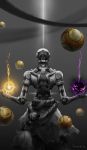  1boy back cowboy_shot floating glowing humanoid_robot monk orb outstretched_hand overwatch robot rope signature spot_color sun_stark tassel torn_clothes zenyatta_(overwatch) 