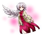  1girl bow bowtie brown_jacket cowboy_shot cropped_legs dress expressionless feathered_wings kishin_sagume long_sleeves looking_at_viewer noel_(noel-gunso) pink_background purple_dress red_bow red_bowtie red_eyes short_hair silver_hair single_wing solo touhou white_wings wings 