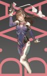  1girl ;) bangs bodysuit brown_eyes brown_hair character_name d.va_(overwatch) facial_mark gloves gun head_tilt headphones highres long_hair looking_at_viewer one_eye_closed overwatch pilot_suit smile smoke solo tim_loechner weapon whisker_markings white_gloves 