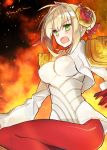  1girl armor blonde_hair breasts erect_nipples fate/extella fate/extra fate_(series) fire gloves green_eyes mom_29_mom open_mouth red_gloves saber_extra shoulder_armor solo twitter_username 