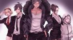  2boys 3girls ahoge asano_misaki_(dangan_ronpa) black_hair blonde_hair brown_hair coat dangan_ronpa dangan_ronpa_gaiden:_killer_killer dougami_ikue formal hair_bun hair_intakes hands_in_pockets headband highres hijirihara_takumi hood hoodie katsuragi_mekuru multiple_boys multiple_girls necktie red_necktie sakakura_juuzou salute scanlines skirt_suit suit white_hair yaku_(yaaaaaak) 