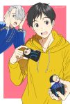  2boys 92_(artist) black_hair blue_eyes brown_eyes character_doll hair_over_one_eye highres hood hoodie katsuki_yuuri male_focus matryoshka_doll multiple_boys open_mouth russian_clothes silver_hair smile viktor_nikiforov yuri!!!_on_ice yuri_plisetsky 