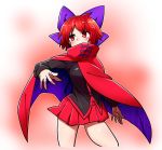  1girl black_shirt blouse blue_bow bow breasts cape contrapposto cowboy_shot hair_bow jpeg_artifacts line_shading long_sleeves looking_to_the_side medium_breasts miniskirt noel_(noel-gunso) pleated_skirt red_background red_cape red_eyes red_skirt redhead sekibanki shirt short_hair skirt solo thighs touhou 