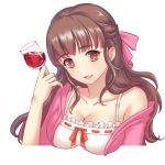  1girl bra_strap breasts brown_eyes brown_hair cleavage collarbone cup drinking_glass hair_ribbon hateko_tanuki large_breasts off-shoulder_shirt open_mouth original ribbon shirt smile solo upper_body wine_glass 