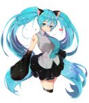  1girl :o animal_ears aqua_eyes aqua_hair arm_tattoo bangs black_skirt cat_ears cropped_legs detached_sleeves eyelashes grey_shirt hair_between_eyes hands_in_sleeves hatsune_miku headphones kemonomimi_mode long_hair looking_at_viewer miniskirt necktie number pleated_skirt shiny shiny_clothes shirt simple_background skirt solo tattoo thigh-highs tie_clip tp_(kido_94) twintails very_long_hair vocaloid white_background 