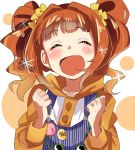  1girl badge blush button_badge closed_eyes hooded_top idolmaster open_mouth orange_hair overalls polka_dot scrunchie solo sparkle sunameri_oishii takatsuki_yayoi twintails 