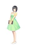  1girl black_hair blush bow breasts detached_sleeves dress full_body grey_eyes hair_ornament highres holding jacket jewelry long_sleeves looking_at_viewer medium_breasts necklace shoes short_hair smile solo standing tanaka_takayuki 