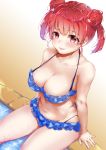  1girl bikini blue_bikini breasts cleavage double_bun frilled_bikini frills hair_bun hashima_izumi polka_dot polka_dot_bikini poolside red_eyes redhead ricca55 saenai_heroine_no_sodatekata short_hair solo swimsuit twintails two_side_up 