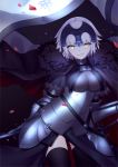 1girl armor armored_dress artist_name black_legwear breasts breasts_apart cape eyebrows eyebrows_visible_through_hair fate/apocrypha fate_(series) highres holding holding_weapon jeanne_alter lanzi_(415460661) looking_at_viewer petals ruler_(fate/apocrypha) short_hair silver_hair smile solo sword thigh-highs weapon yellow_eyes 